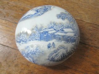 Vintage Japanese Lidded Trinket Box Porcelain Traditional Japan Scene Blue White