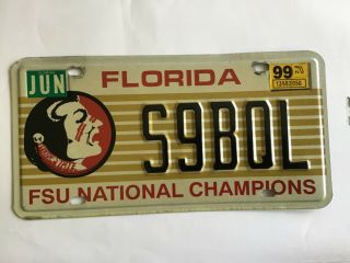 1999 Florida State University Fsu National Champions License Plate Tag