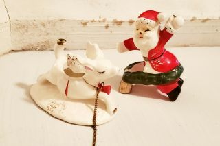 Vintage Dan Brechner Deer Candle Holder Santa Set Of 2 Porcelain 1960s Japan