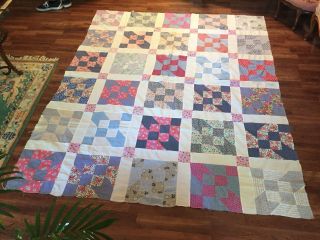 Vtg C 1940s Handmade Road To Pattern Old Fabrics Estate Quilt Top 65x78 Antique