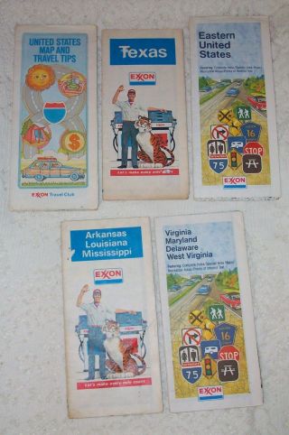 5 Vintage Folding Travel Maps Of Texas,  Usa,  Eastern Us,  Multiple States - Exxon
