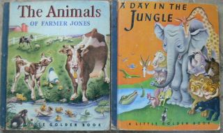 2 Vintage Little Golden Books A Day In The Jungle,  The Animals Of Farmer Jones