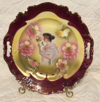 Antique Prov Saxe Es Germany Hand Painted Lady Portrait W/flowers 11 " Cake Plate