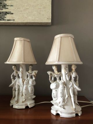 Set Of Antique German Figurine Table Lamp,  Victorian,  Porcelain,  Courting Couple