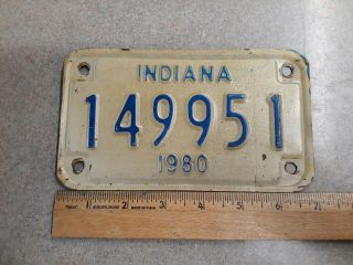 Vintage 1980 Indiana Motorcycle License Plate 149951 Blue On White