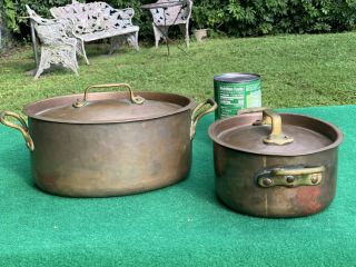 Set Of Two Vintage Antique Oval Hammered & Dovetail Copper Cookware Pots