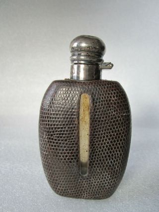 Antique Early 20th Century Sterling Silver,  Leather & Glass Hip Flask