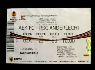 Ticket Aek Fc - Anderlecht 2010 Europa League