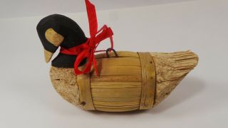 Vintage Hand Crafted Duck Christmas Ornament Wood And Reeds Wildlife 5.  5 "