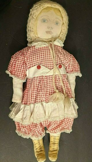 Vintage Primitive Folk Art Cloth Fabric Handmade? Doll,  Face,  Body Printed 19in.