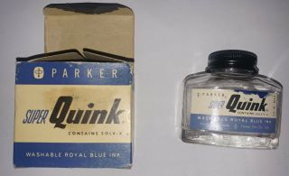 Empty Vintage Parker Quink Royal Blue Embossed Glass Ink Bottle & Box
