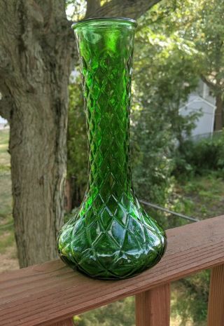Vintage Green Hoosier Glass Bud Vase 4095 Quilted Diamond Pattern 9 " Tall