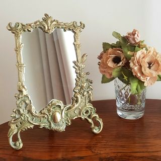 Antique Art Nouveau Desk Table Vanity Mirror - Ornate Solid Cast Brass Frame