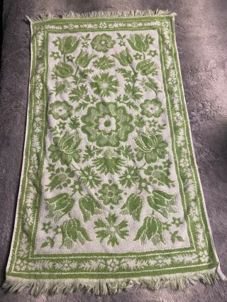Vintage Stevens Utica Green White Flower Floral Leafy Print Bath Towel