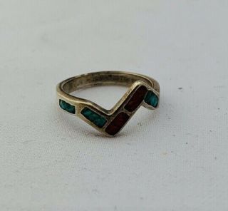 Southwest Vintage Sterling Silver Turquoise Coral Inlay Ring Un - Marked Size 3.  5
