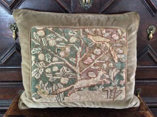 Vintage Elizabethan Style Needlepoint Tapestry Cushion On Piped Moss Velvet