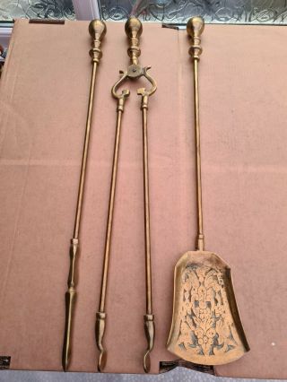Vintage Brass Antique Fire Poker Tongs Shovel Companion Tool Set Long Reach