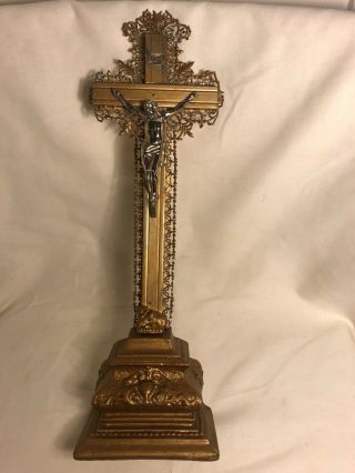 Antique Religious Church Altar Crucifix Gold/silver Metal Jesus Wood Cross Santo