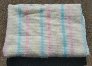 Vintage Baby Blanket Acrylic Open Weave Stripes Pastel White Pink Aqua