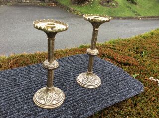 Antique Pair 19c Brass Ecclesiastical Gothic Style Candlesticks 27cms