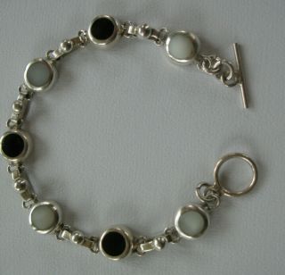 Vintage Mexico Sterling Silver Set Black Onyx & Mop Cabochons Link Bracelet