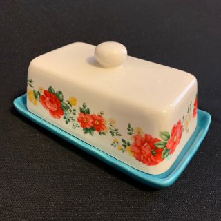 Pioneer Woman Butter Dish In Vintage Floral Pattern With Teal Bottom & Cream Lid