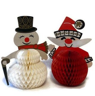 2 Vintage Christmas Honeycomb Decorations Santa And Snowman Capri 1967 Japan