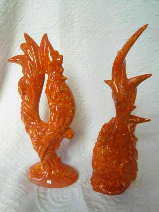 Vintage Rooster & Hen 12 " Orange Yellow Drip Glaze Pottery Figurines Signed
