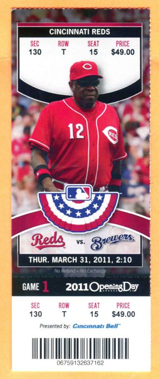 2011 Cincy Reds Opening Day Full Ticket - 3/31/11