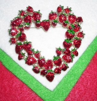 175d Vintage Large 2 - 1/4 " Red Strawberry Heart Pin Brooch