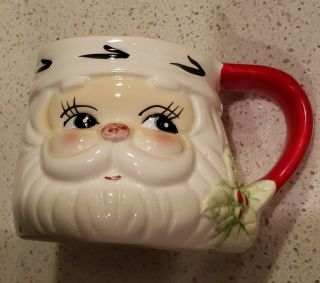 Vtg 70s Ceramic Santa Claus Mug Cold Painted Bright Eyed Nog Cup Holly Boxed Nos