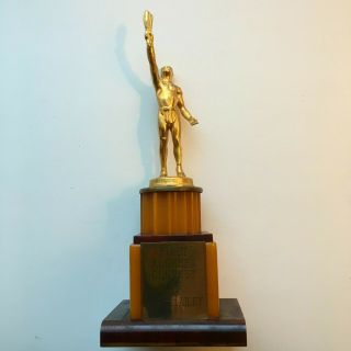 Vintage Mcm 1950s Engraved Trophy.  Butterscotch Bakelite,  Brass,  Red Marble Base