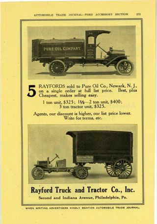 1917 Rayford Truck & Tractor Co Ad: Pure Oil Tanker & Early Semi Tractor Trailer