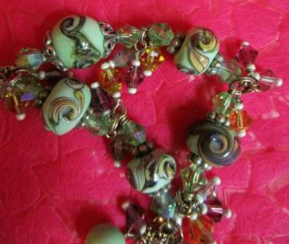 Vintage Hand Made Lampwork Glass Seed Beads Bracelet W Swarovsky Crystal Drops