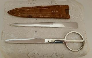 Vintage Scissor And Letter Opener Set In Leather Holder Met.  Cut.  Co.  York