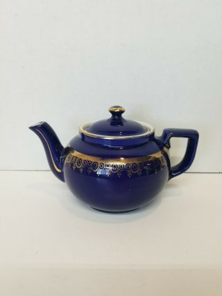 Vintage Hall China Blue And Gold Scroll Art Deco Teapot