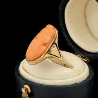 Antique Vintage Nouveau 14k Gold Etruscan Angelskin Coral Cameo Pinky Ring 3.  75