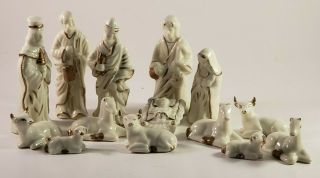 Porcelain Nativity Set 14pc Ivory With Gold Trim Vintage Holy Family Wisemen.