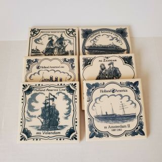 Vintage Holland America Line Delft Blue Porcelain Tile Coasters – Set Of 6
