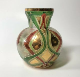 Antique Art Deco Art Glass Vase Enamel Geometric Jugendstil Art Nouveau Green