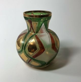 Antique Art Deco Art Glass Vase Enamel Geometric Jugendstil Art Nouveau Green 2