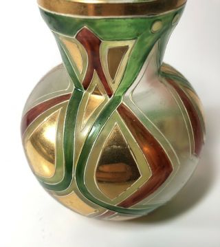 Antique Art Deco Art Glass Vase Enamel Geometric Jugendstil Art Nouveau Green 3