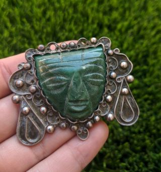 Antique Vintage 900 Silver Mexico Carved Green Jade Aztec Mask Brooch Pin
