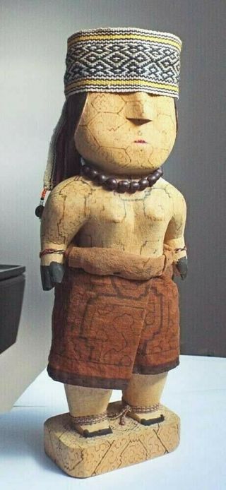 Vintage Peruvian Slipibo Hand Carved Wooden Doll & Textiles
