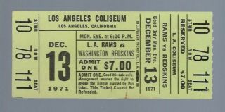 Vintage 1971 Nfl Washington Redskins @ Los Angeles Rams Full Football Ticket