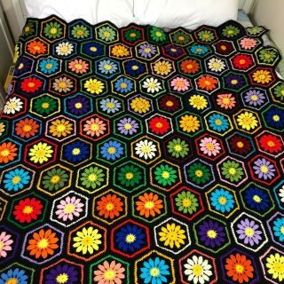 Vintage Afghan Hand Crochet Granny Square Blanket Afghan Flower Hexagons