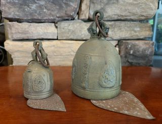 Set Of 2 Antique Bronze Bells.  Patina Detailed Design And Ring.