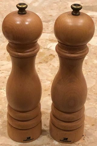 Pair Peugeot Paris Antique Wood Salt And Pepper Mill 7 Inches Brass Hardware