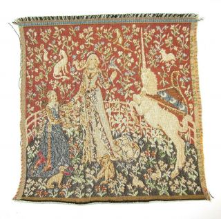 Vintage Tapestry France Medieval Forrest Princess Unicorn 9.  5 X 10 " French Piece