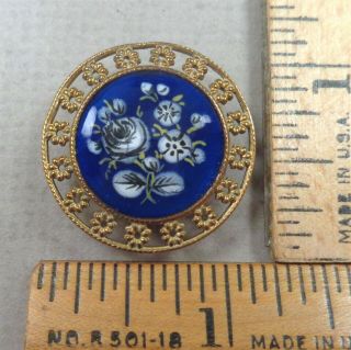 Antique Enamel Button 166,  Open - Work Brass,  Monochrome Rose / Floral Design